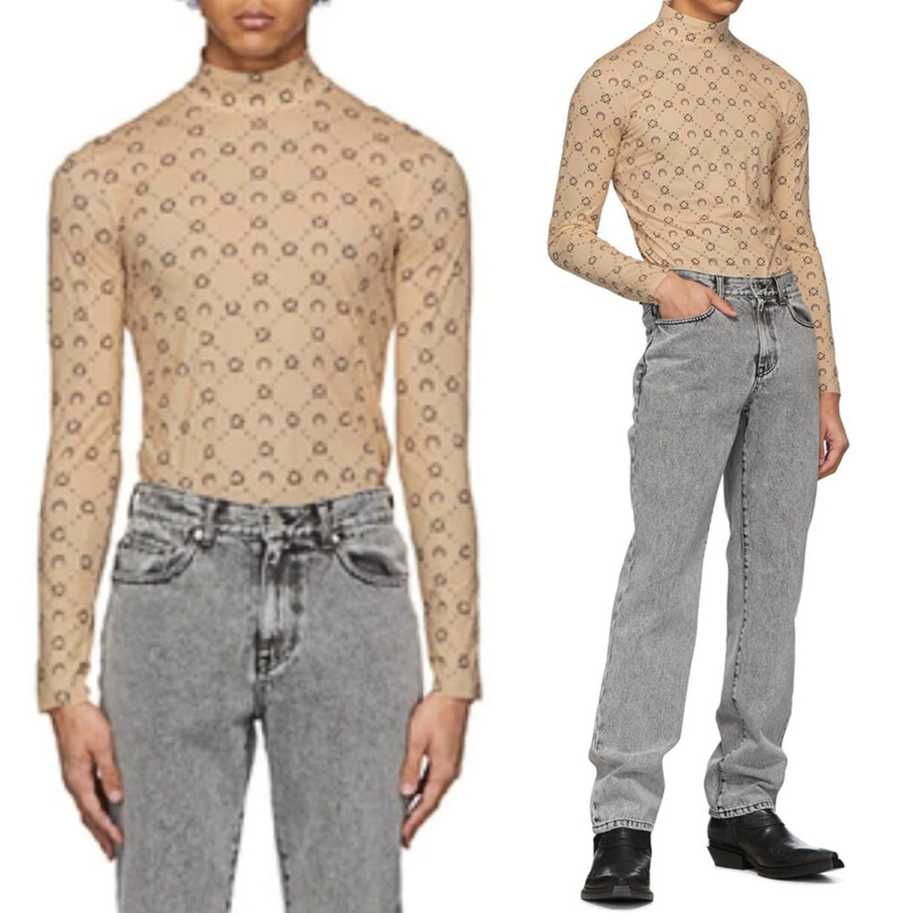 MARINE SERRE Crescent Second Skin Printed Long Sleeve Turtleneck In Tan Size XL